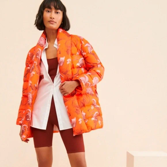 Rachel Antonoff Midi-Length Toni Puffer Jacket Orange Roaster Print - Picture 5 of 16